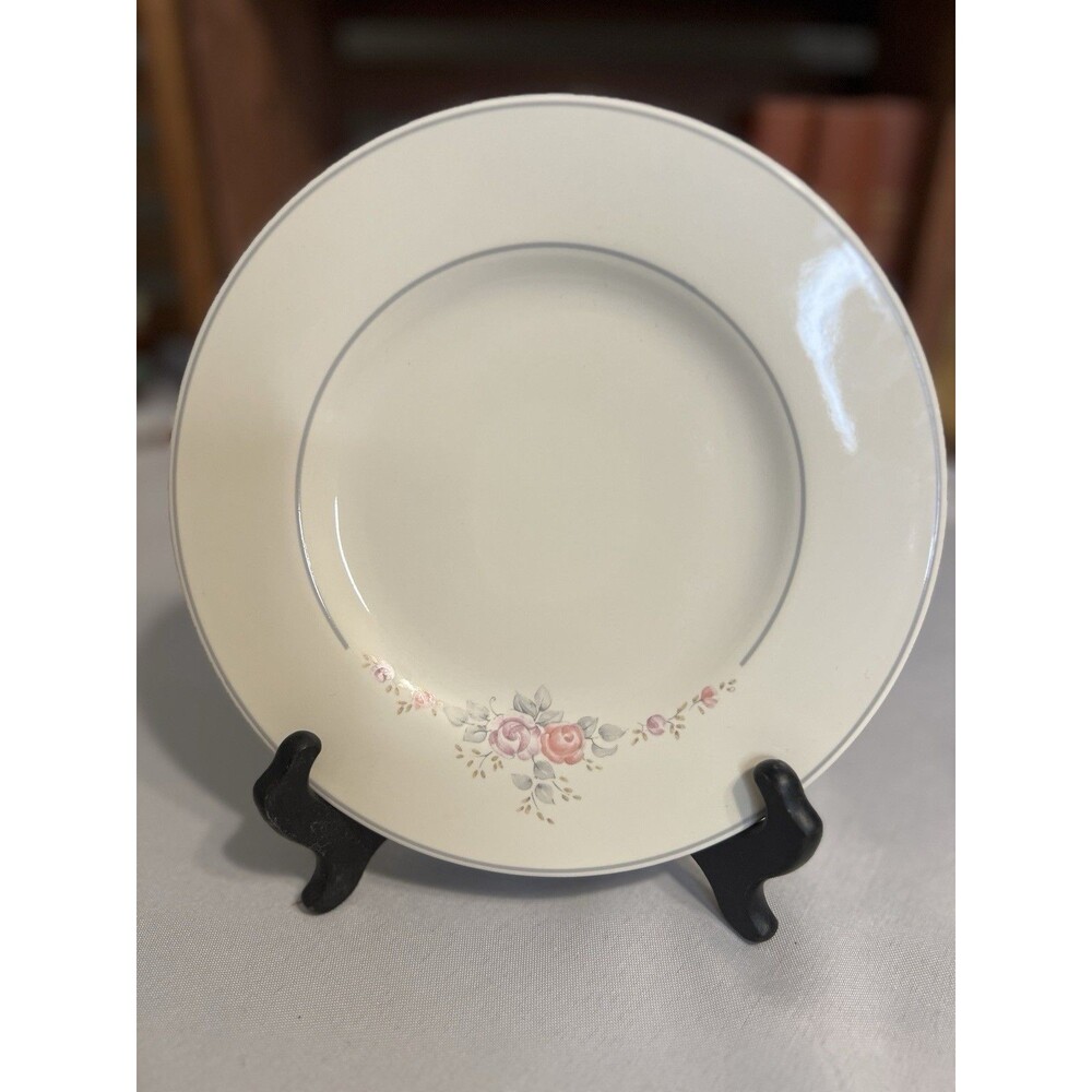 Pfaltzgraff Trousseau 8” Salad Plate Ivory Flower Roses Gray Band